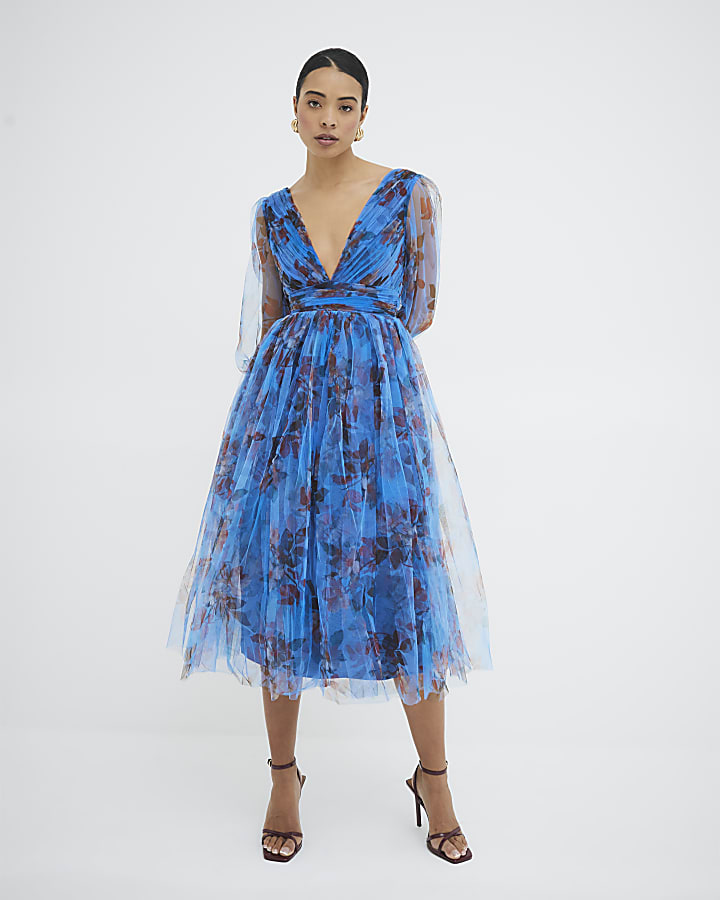 Blue Long Sleeve Floral Tiered Midi Dress