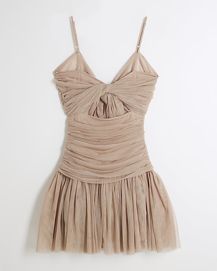 Beige Bow Back Cut Out Tulle Mini Dress