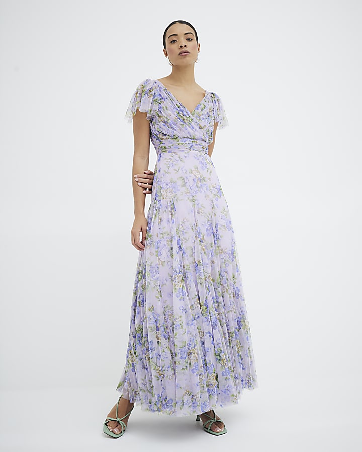 Purple Floral Wrap Maxi Dress