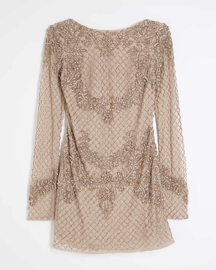 Beige Premium Embellished Scoop Back Dress