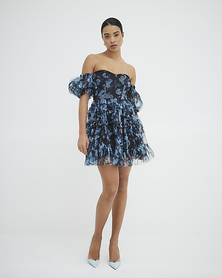 Blue Floral Bardot Tiered Mini Dress