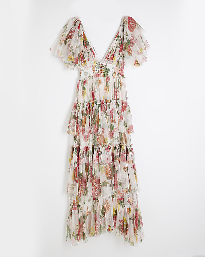 White Short Sleeve Floral Tiered Maxi Dress