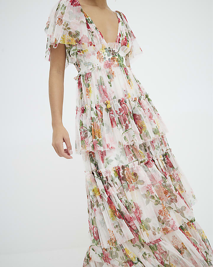 White Short Sleeve Floral Tiered Maxi Dress