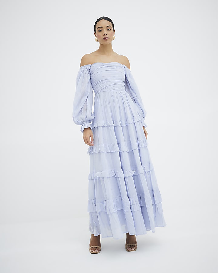 Blue Tulle Mesh Sleeve Maxi Dress