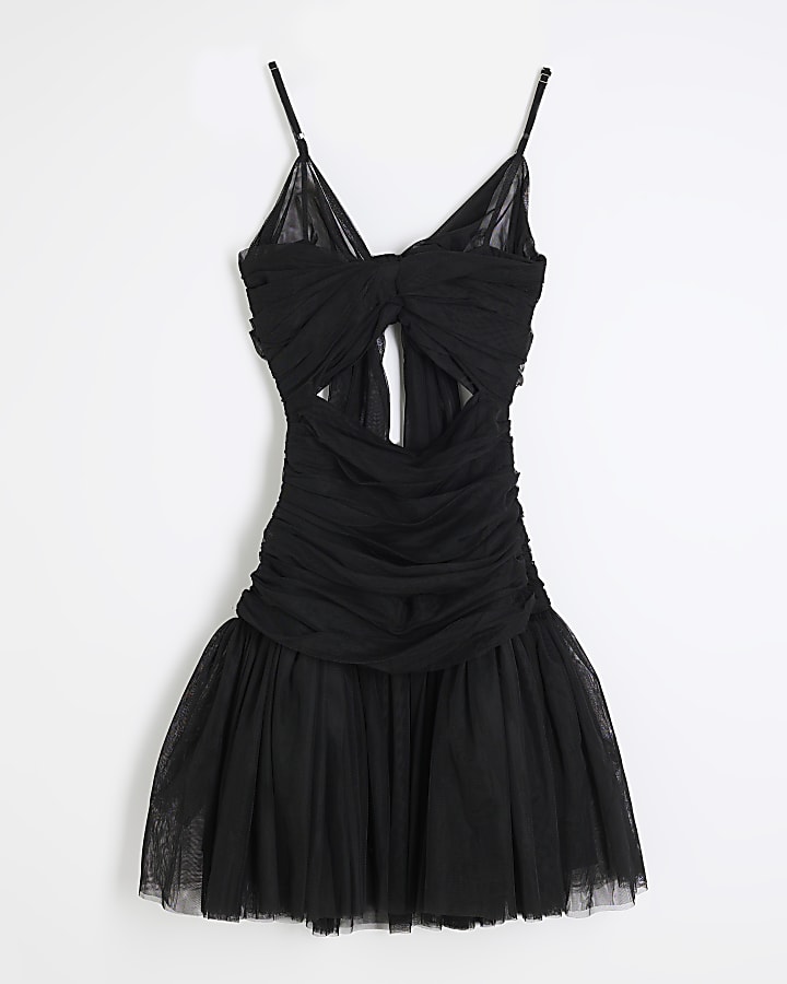 Black Mesh Bow Back Cut Out Mini Dress