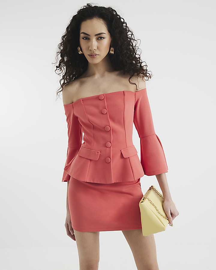 Coral Long Sleeve Bardot Layered Mini Dress