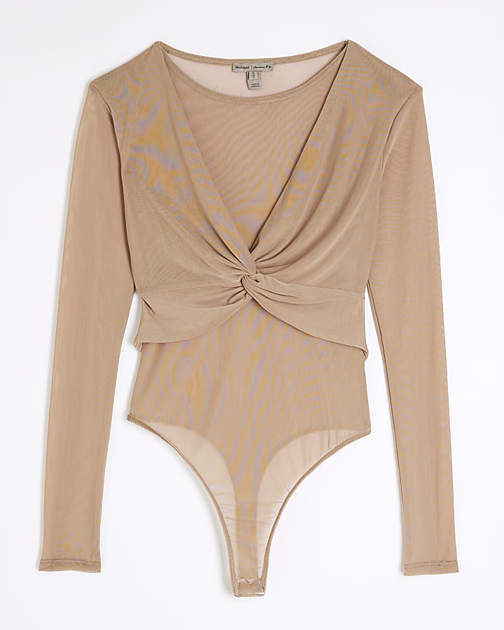 Beige Long Sleeve Mesh Bodysuit