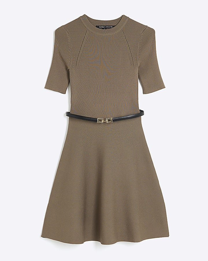 Beige Knitted Long Sleeve Belted Mini Dress