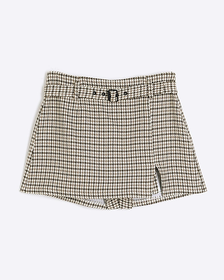 Beige Check Belted Mini Split Skort