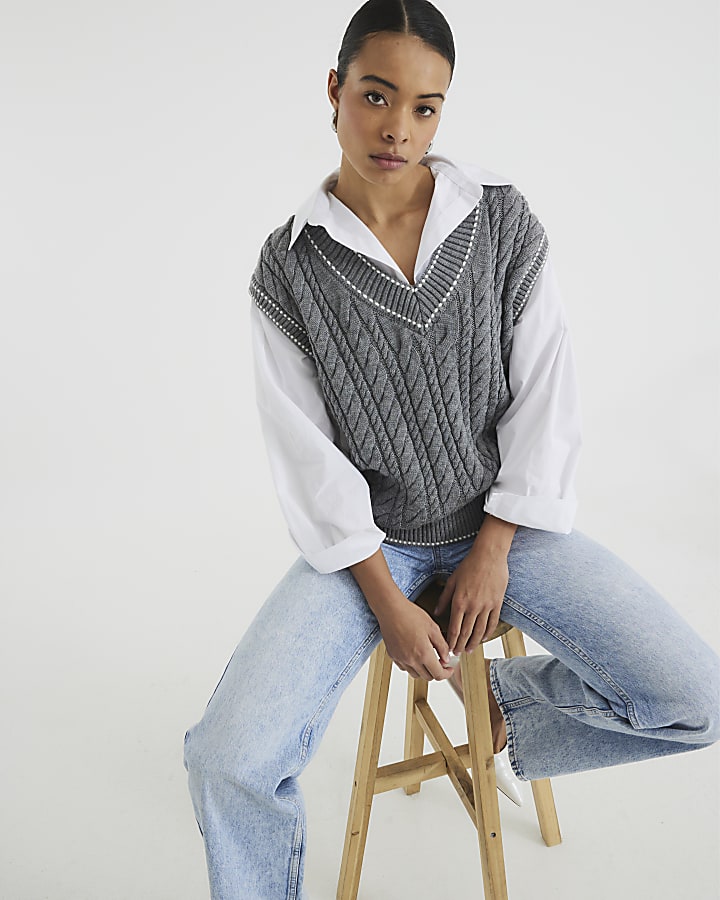 Grey Cable Knit Hybrid Shirt