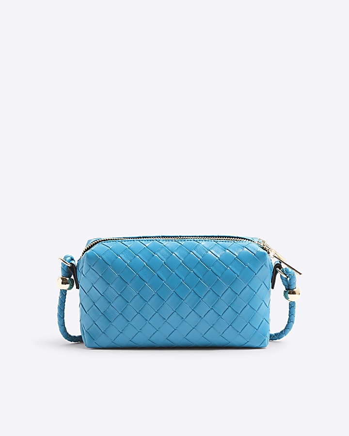 Blue Faux Leather Weave Cross Body Bags