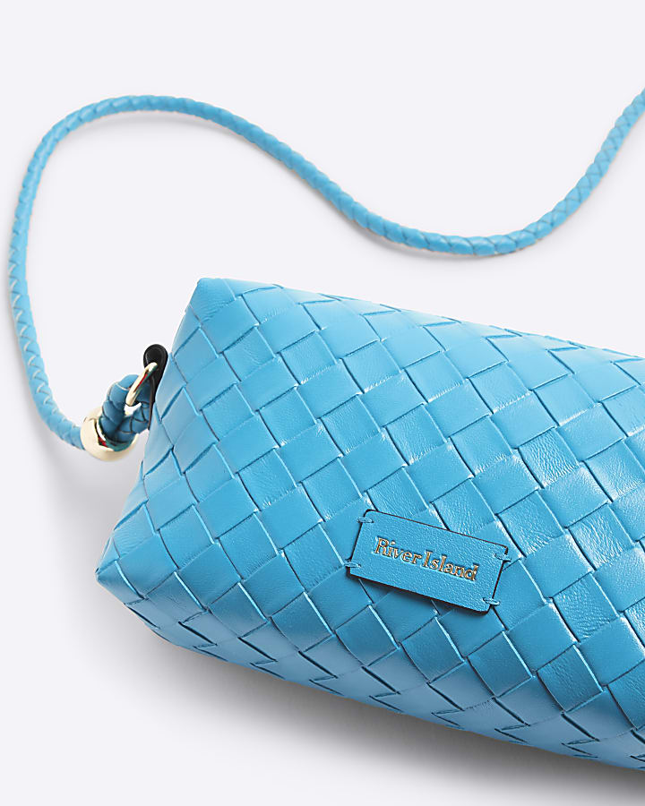 Blue Faux Leather Weave Cross Body Bags