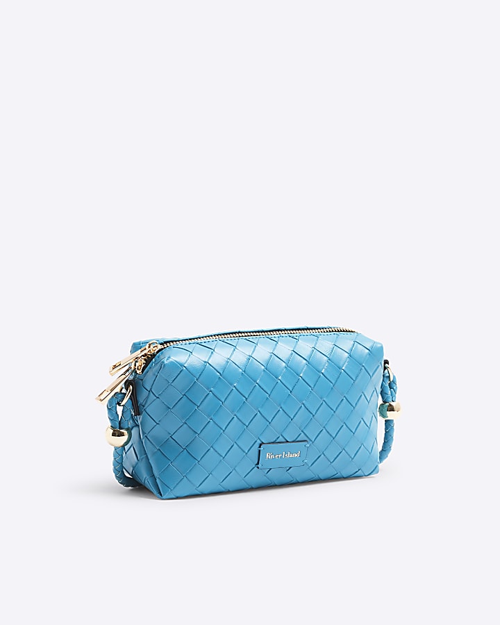 Blue Faux Leather Weave Cross Body Bags