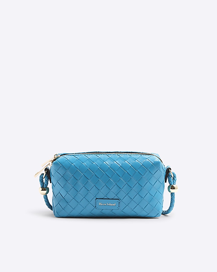 Blue Faux Leather Weave Cross Body Bags