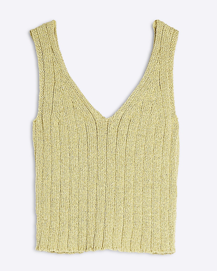 Yellow V-neck Ribbed Metallic Knit Vest Top