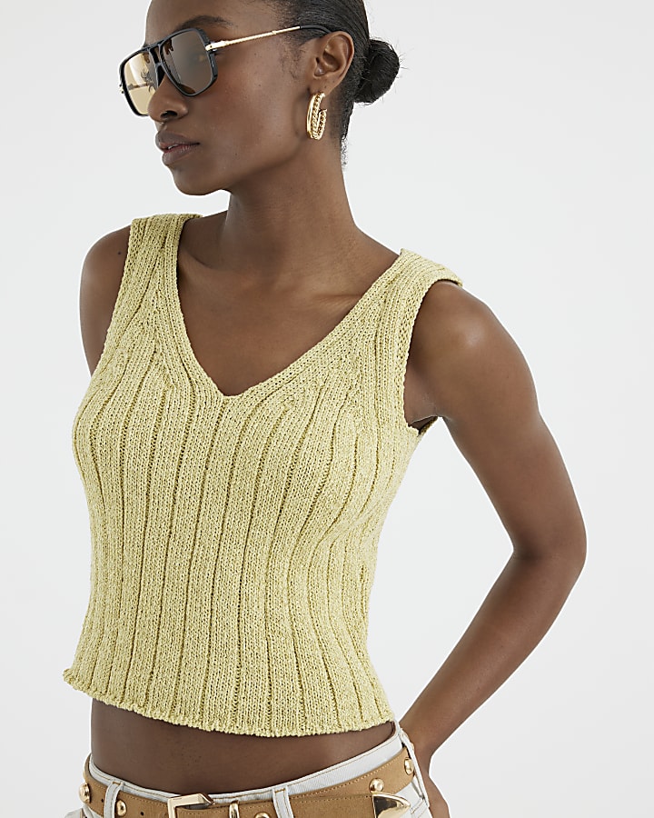 Yellow V-neck Ribbed Metallic Knit Vest Top