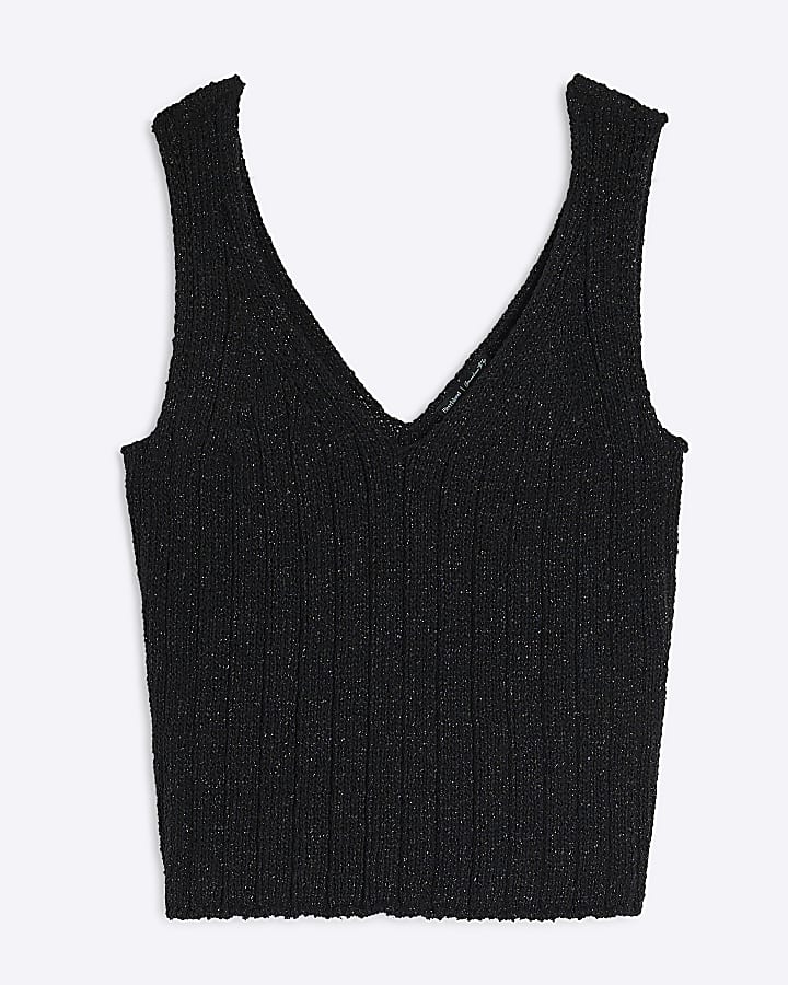 Black V-neck Ribbed Metallic Knit Vest Top