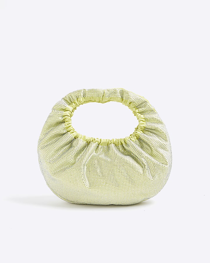 Green Satin Ruched Diamante Bag