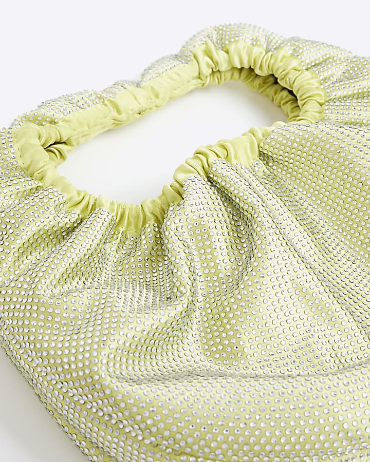 Green Satin Ruched Diamante Bag