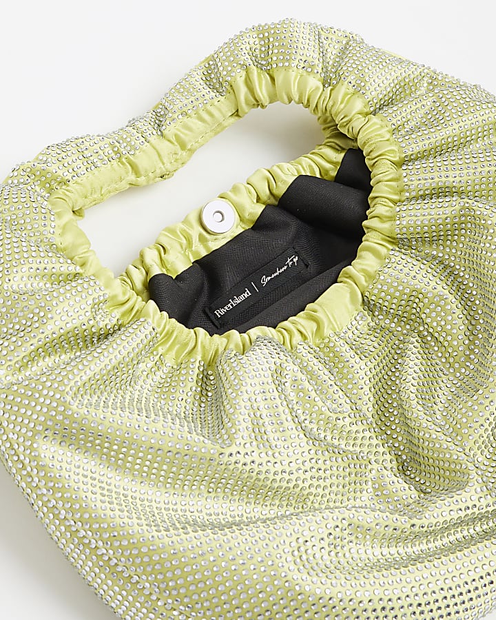 Green Satin Ruched Diamante Bag