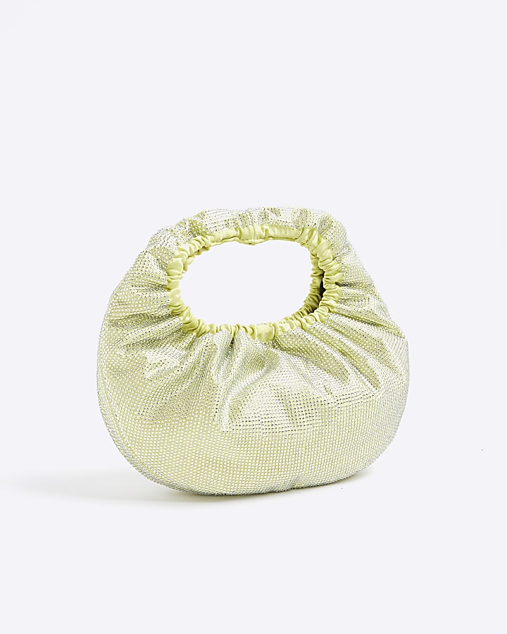 Green Satin Ruched Diamante Bag