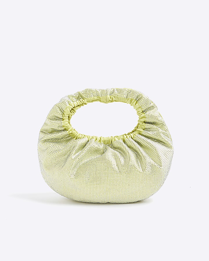 Green Satin Ruched Diamante Bag