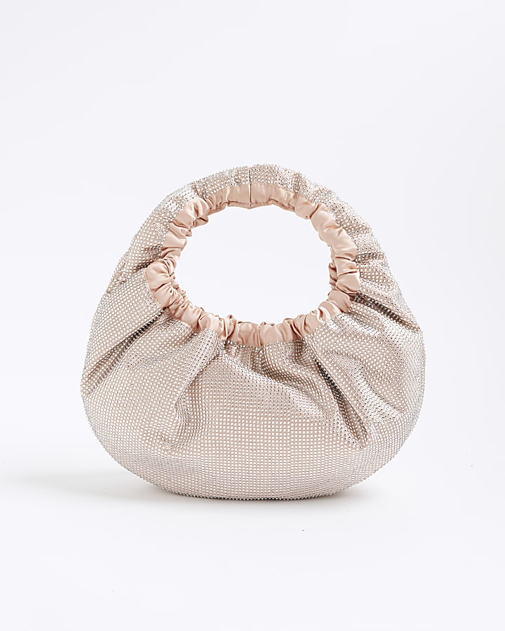 Pink Satin Ruched Diamante Bag