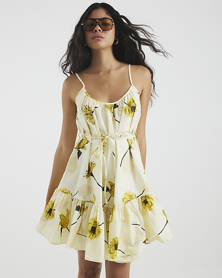 Yellow Floral Sleeveless Ruched Mini Dress