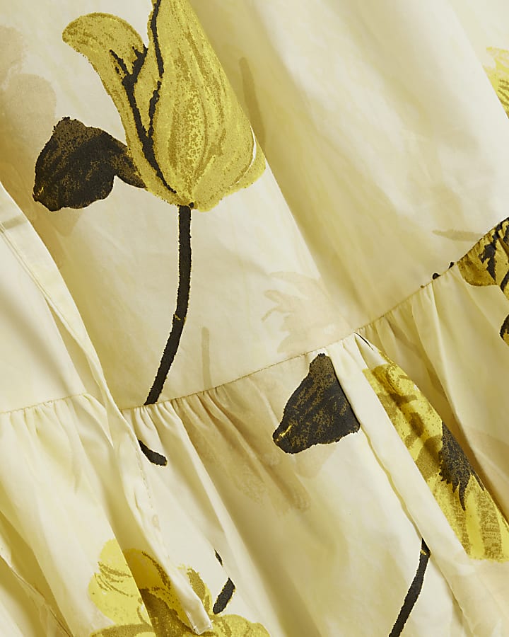Yellow Floral Sleeveless Ruched Mini Dress