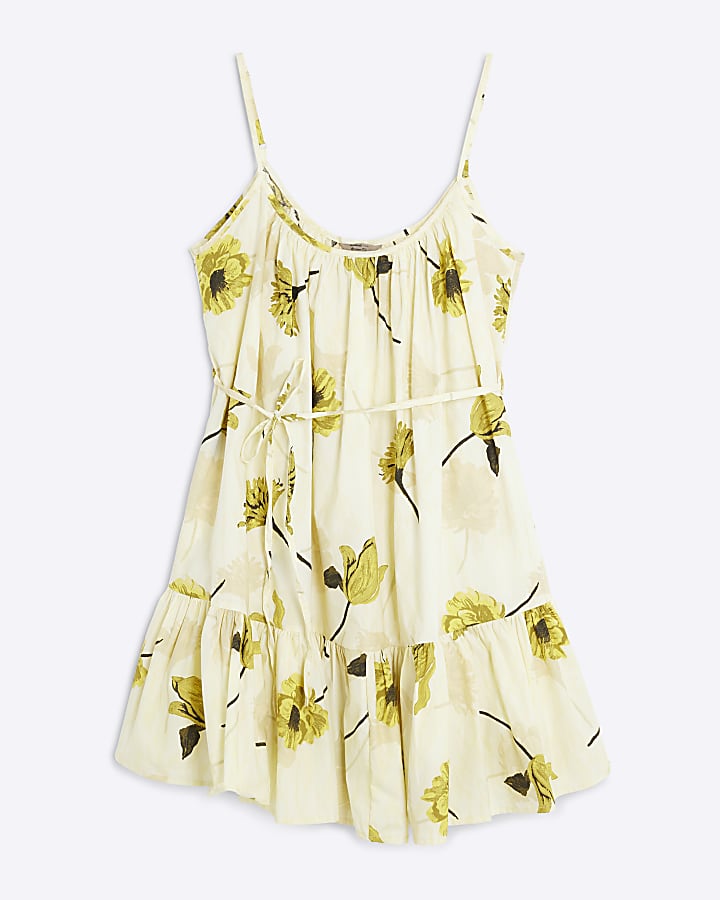 Yellow Floral Sleeveless Ruched Mini Dress