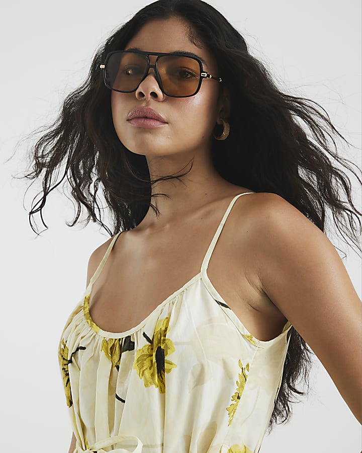 Yellow Floral Sleeveless Ruched Mini Dress