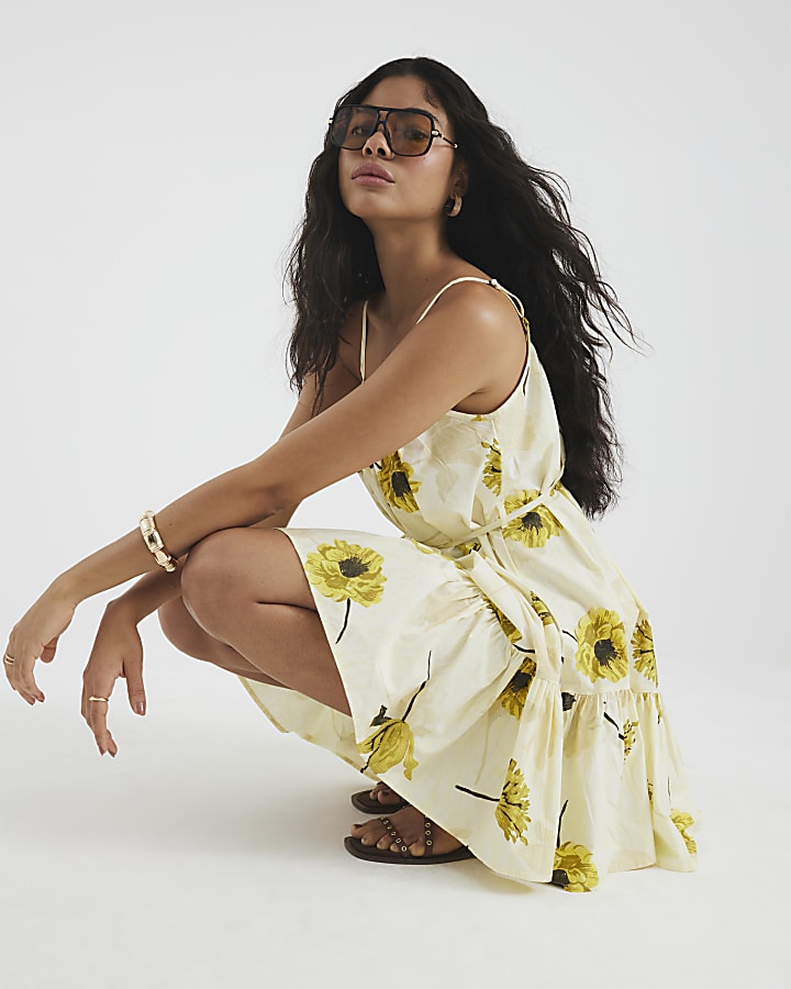 Yellow Floral Sleeveless Ruched Mini Dress