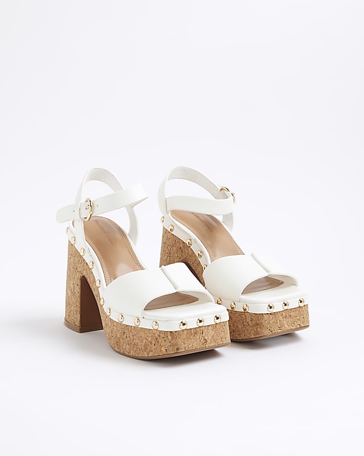 White Cork Platform Heeled Sandals