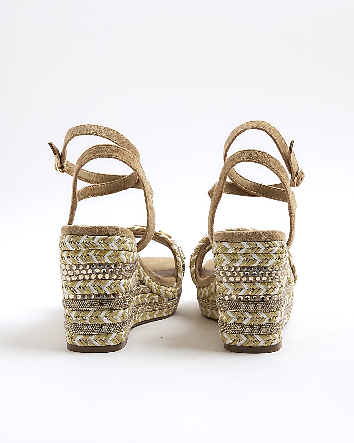 Cream Raffia Embellished Wedge Sandals