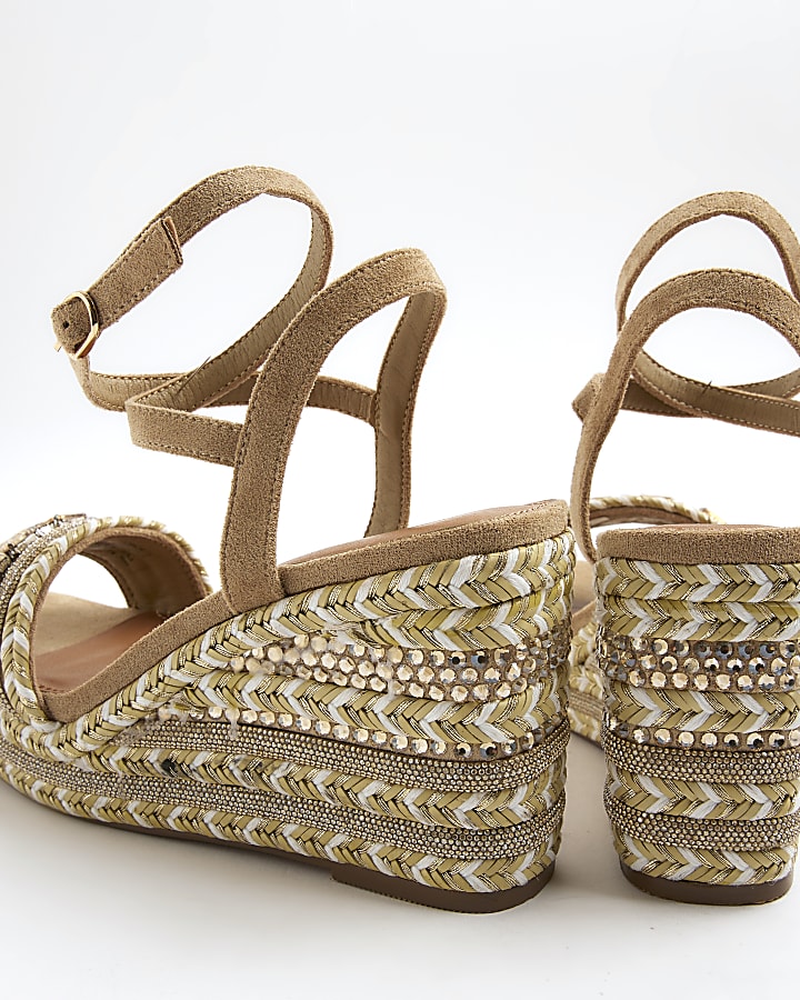 Cream Raffia Embellished Wedge Sandals