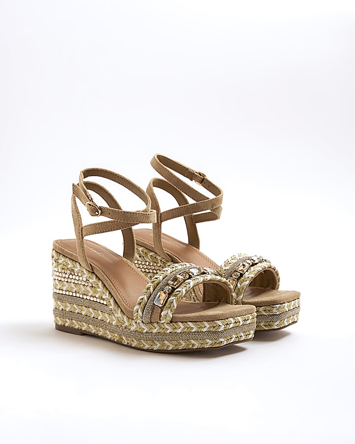 Cream Raffia Embellished Wedge Sandals