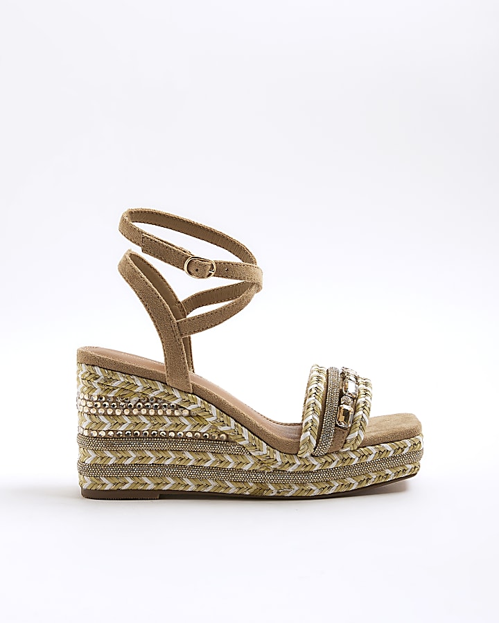 Cream Raffia Embellished Wedge Sandals
