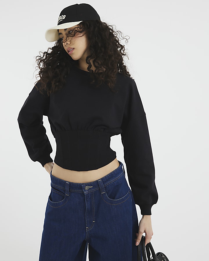 Black Long Sleeve Corset Hem Sweatshirt