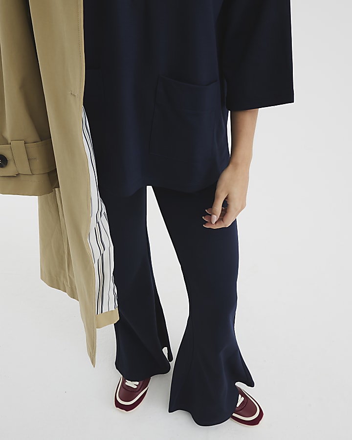 Petite Navy Ponte Flared Trousers