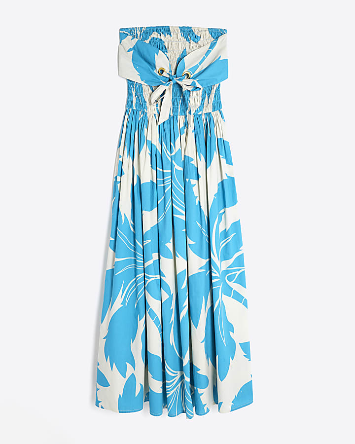 Blue Bandeau Poplin Midi Dress