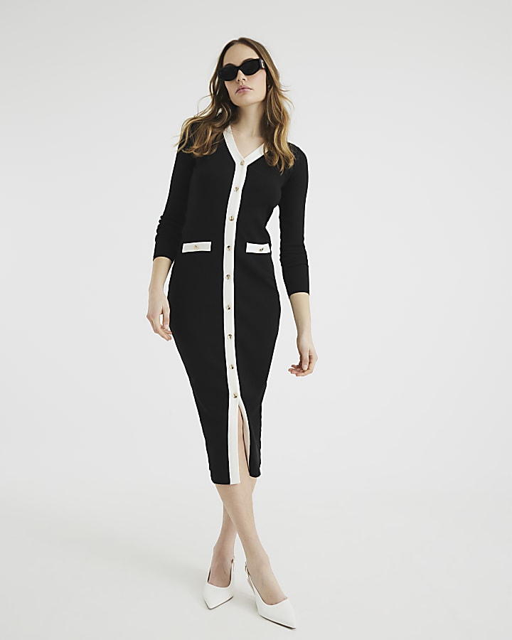 Black Long Sleeve Ribbed Midi Dress