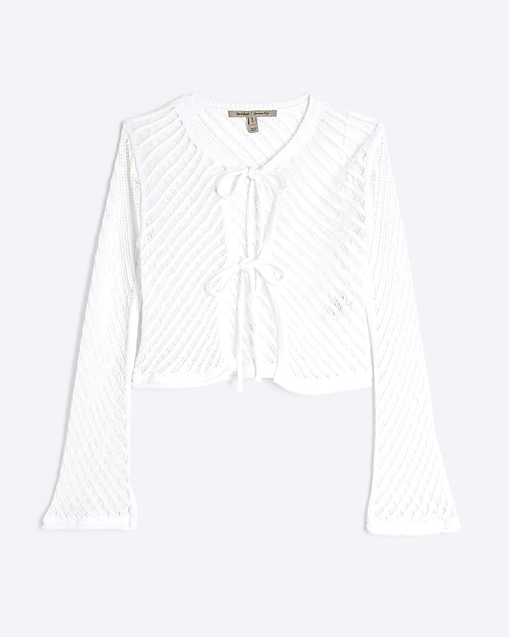 White Tie Front Long Sleeve Laddered Top