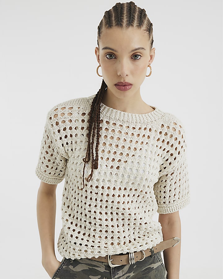 Cream Short Sleeve Crochet T-shirt