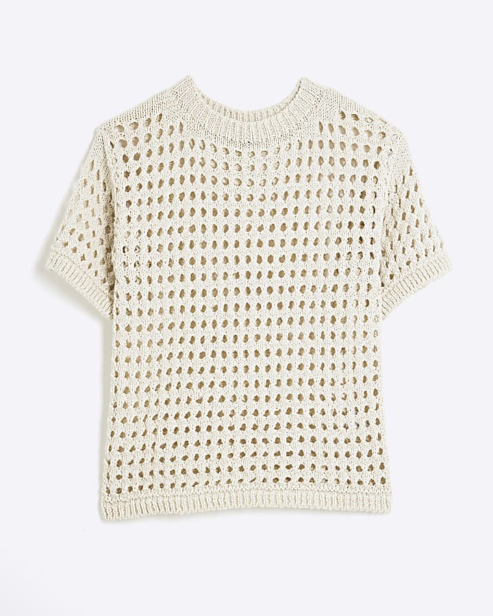 Cream Short Sleeve Crochet T-shirt