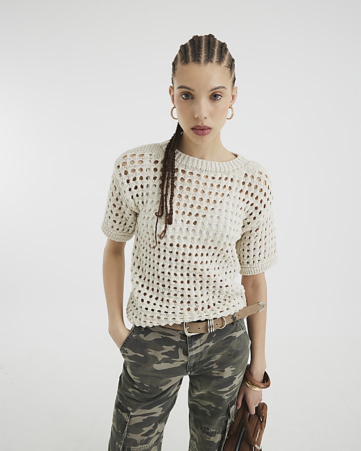 Cream Short Sleeve Crochet T-shirt