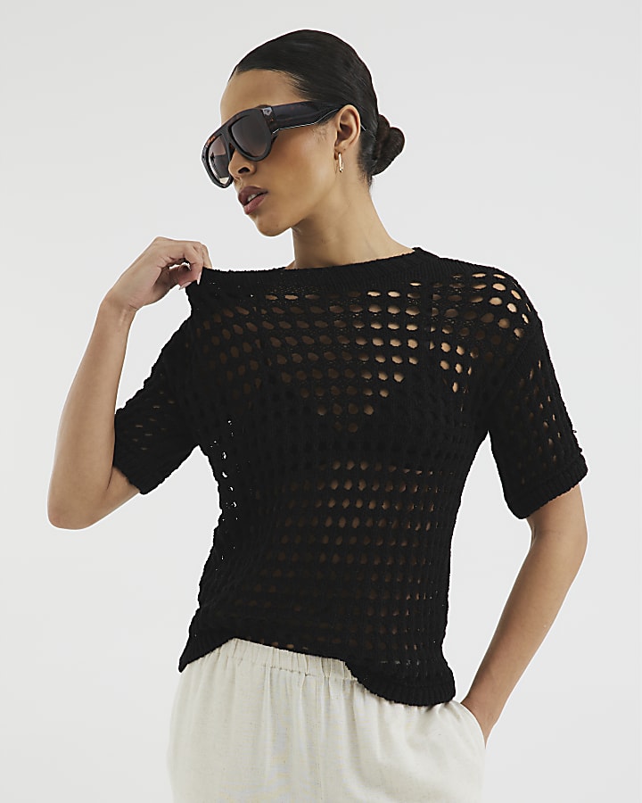 Black Short Sleeve Crochet T-shirt