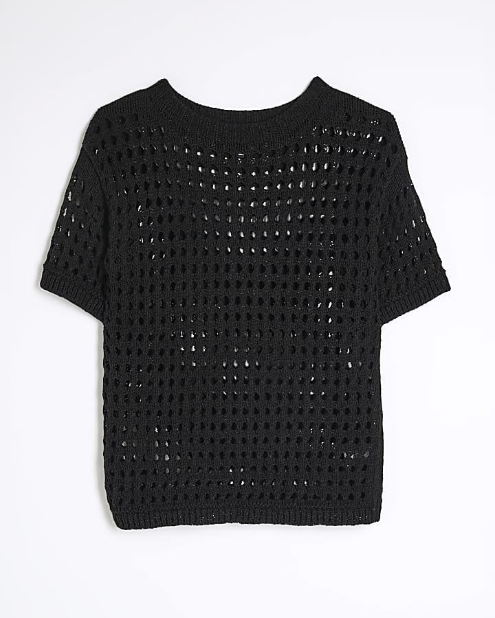 Black Short Sleeve Crochet T-shirt