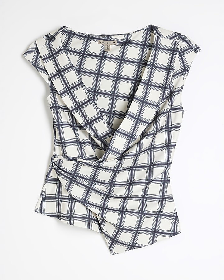 Beige Check Sleeveless Wrap Waistcoat