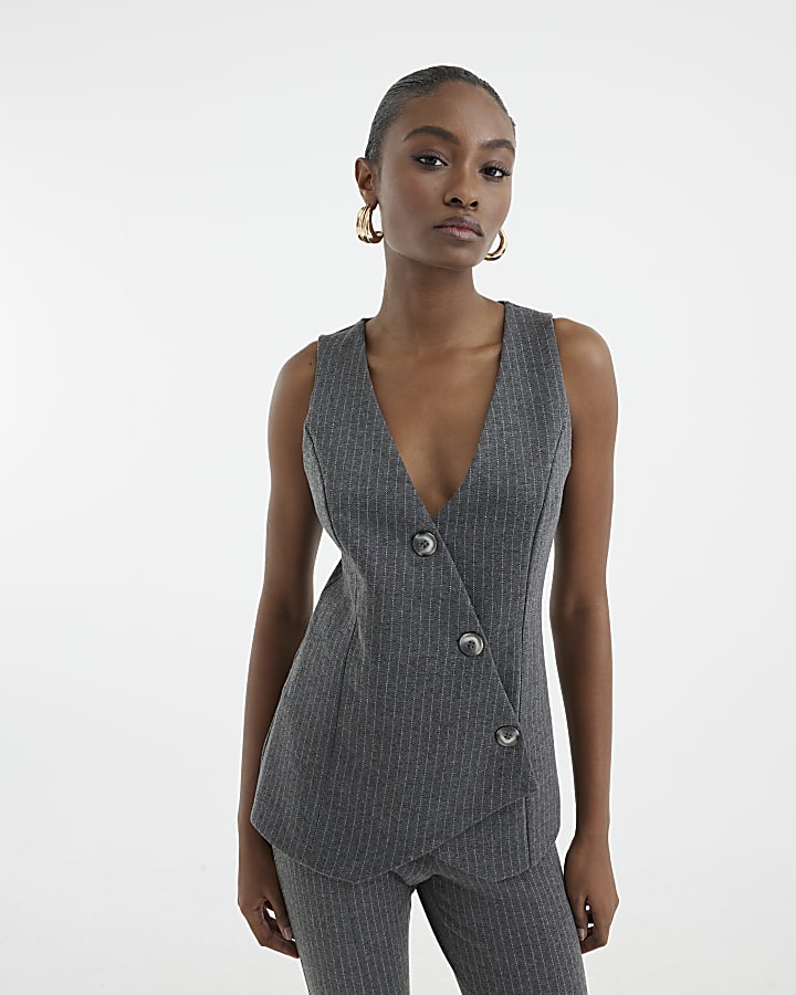 Grey Pinstripe Asymmetric Waistcoat