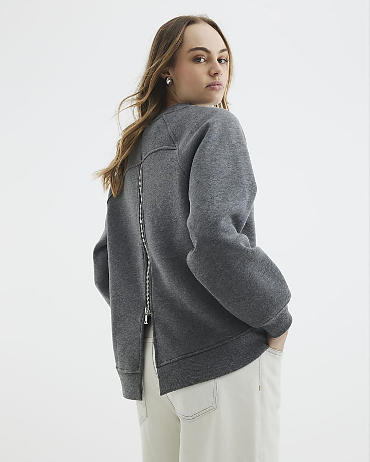 Grey Long Sleeve Zip Back Sweatshirt